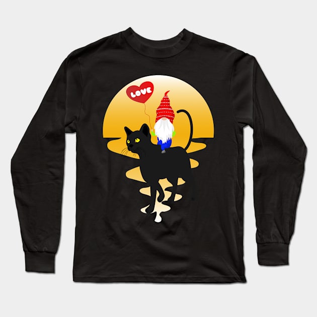 Love Gnome Riding Black Cat Lovers Long Sleeve T-Shirt by Manzo Carey